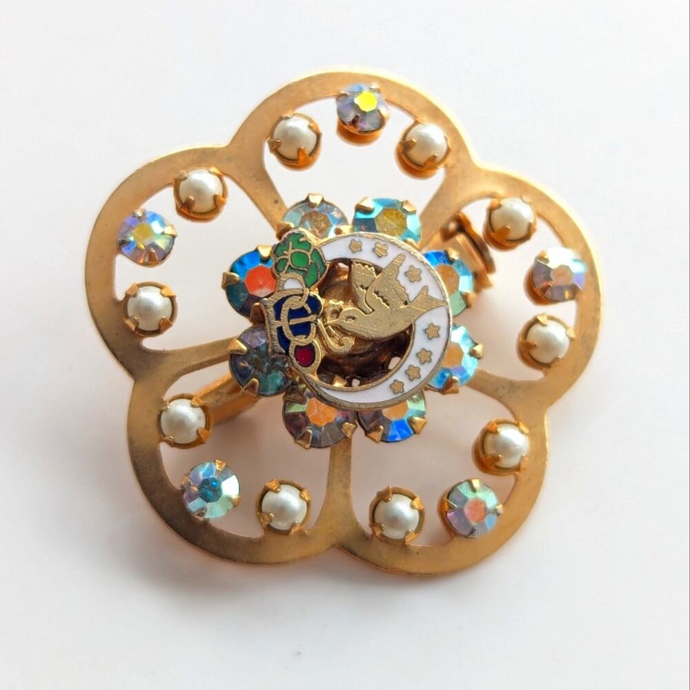 Vintage Gold Tone Odd Fellows Daughters of Rebekah Pearl AB Rhinestone Brooch